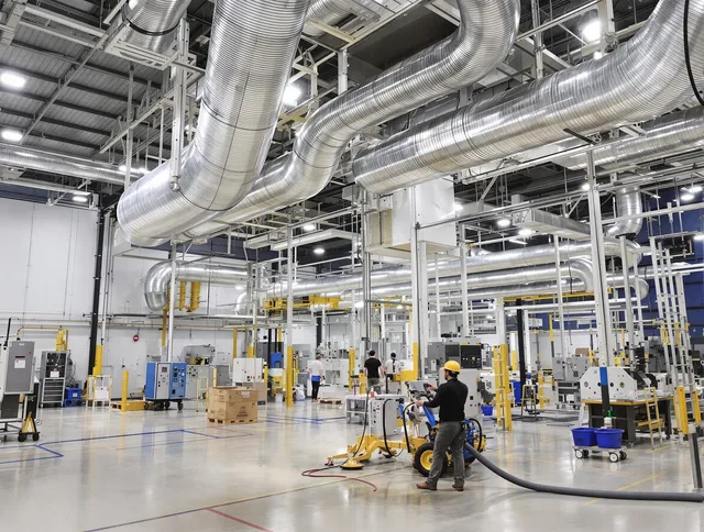 Holbrook Air Duct Cleaning team performing comprehensive industrial duct cleaning at a large facility in Holbrook
